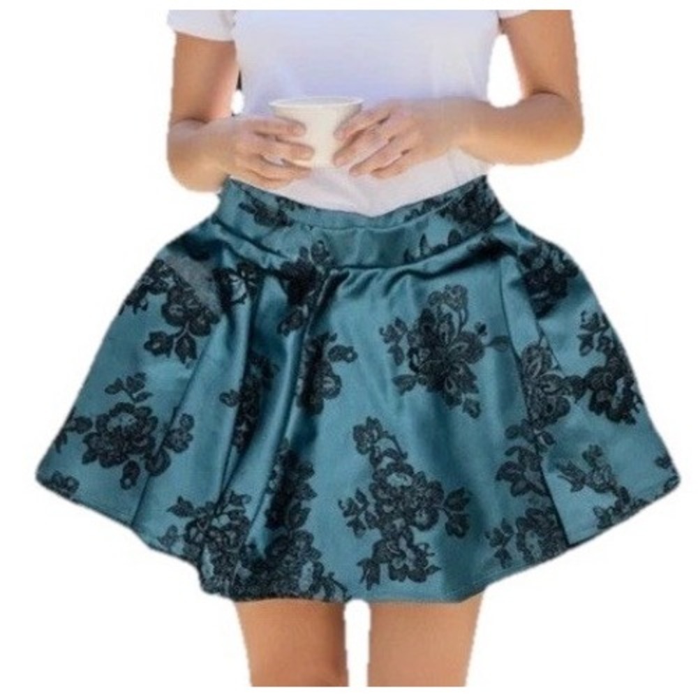 Wet Seal Skater Skirt Womens S Teal Black Flocked Floral Satin Flare Mini Y2K